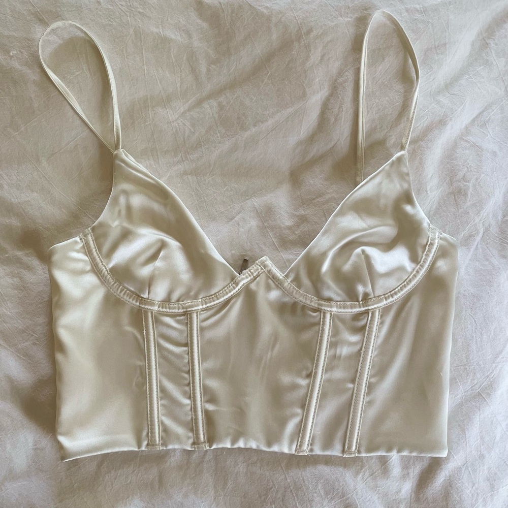 White fox boutique white satin bustier tank top